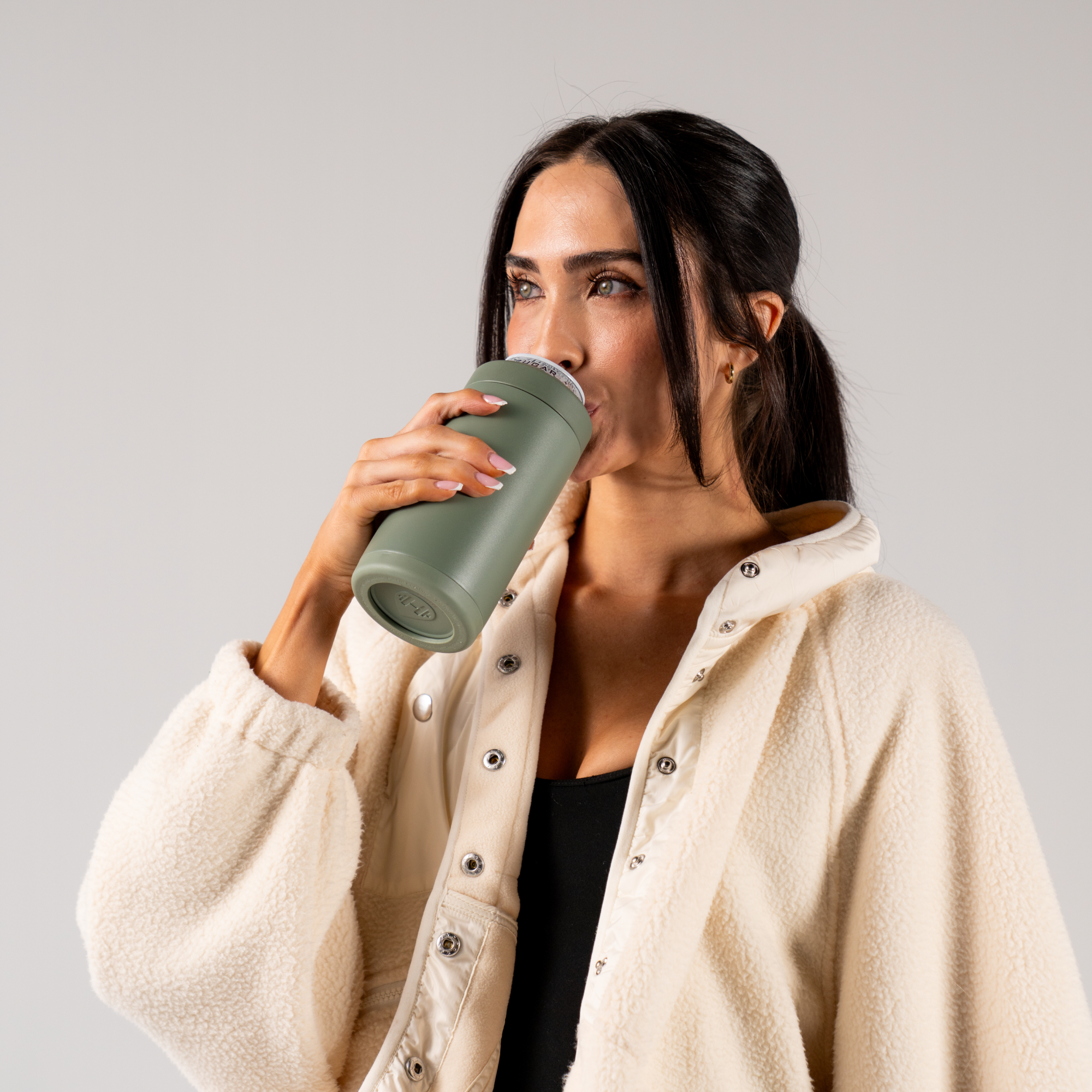 Woman Drinking from HydroJug Courtyard Can Cooler 16oz