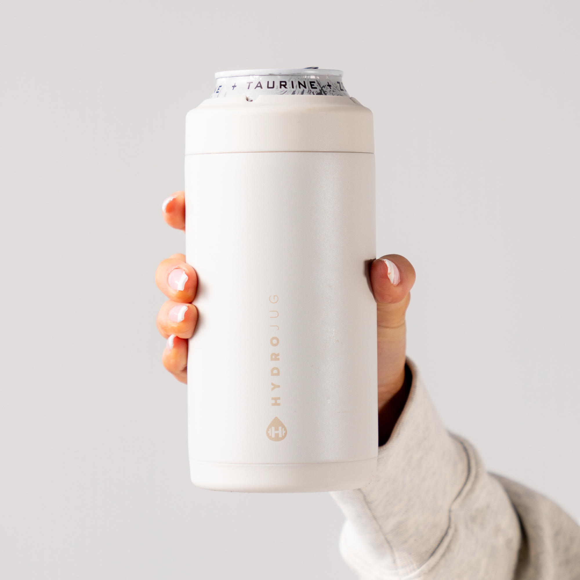 Hands Holding a HydroJug Linen Can Cooler 16oz