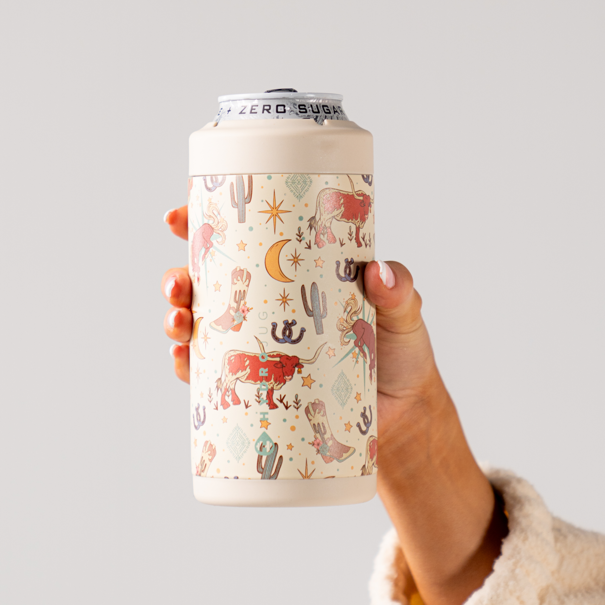 Hands Holding a HydroJug Rodeo Can Cooler 16oz