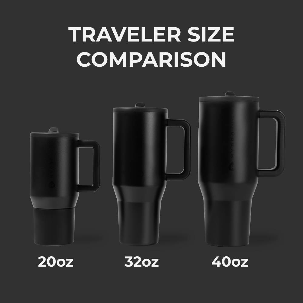 HydroJug Traveler Size Comparison – 20oz, 32oz, 40oz in Black