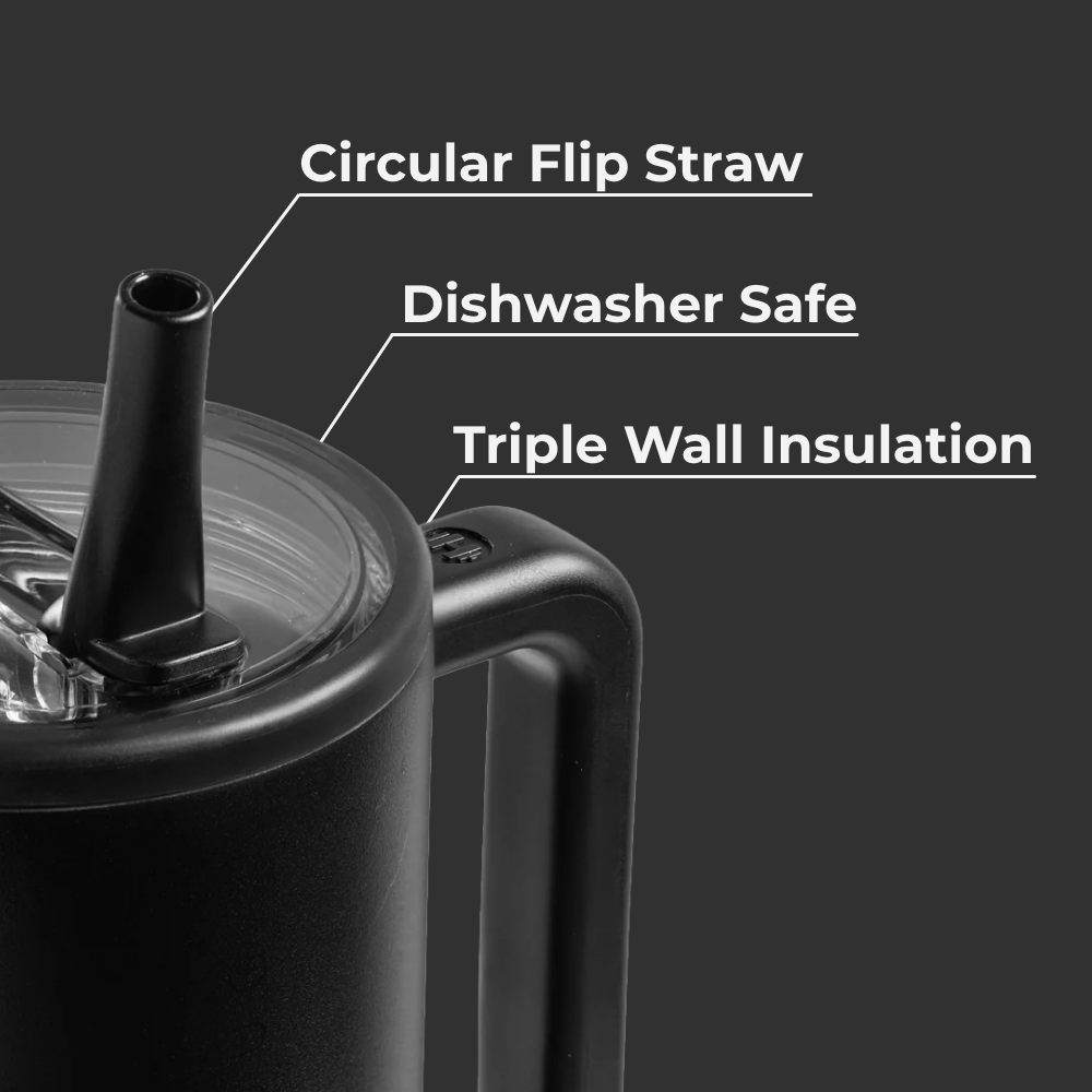Black Traveler 20oz Features – Flip Straw, Dishwasher Safe, Triple Wall Insulated