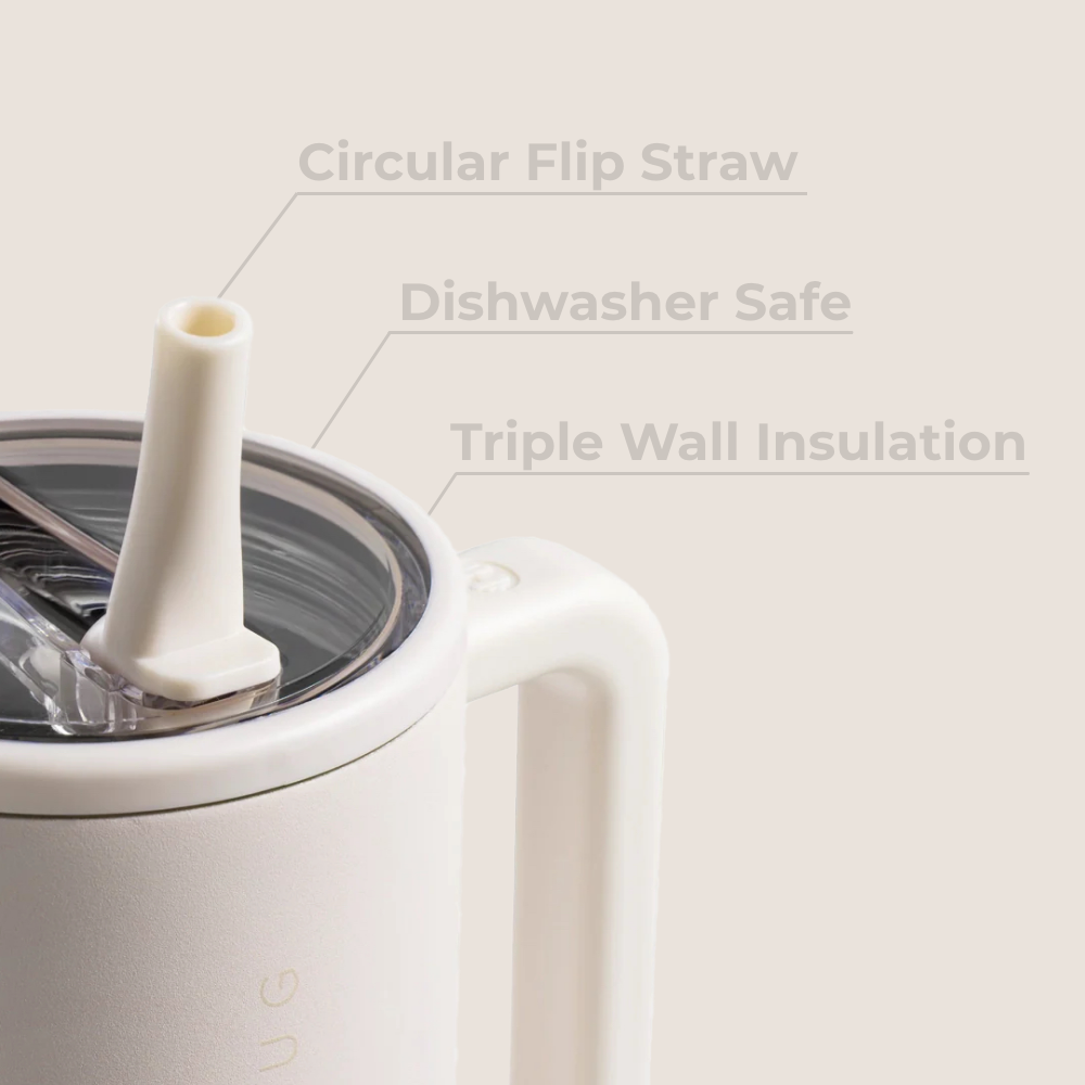 Cream Traveler 20oz Features – Flip Straw, Dishwasher Safe, Triple Wall Insulated