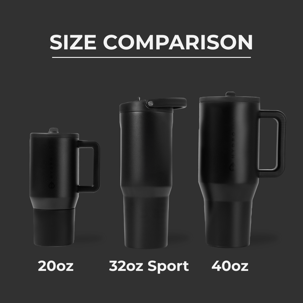 HydroJug Size Comparison – 20oz, 32oz Sport, and 40oz Bottles in Black