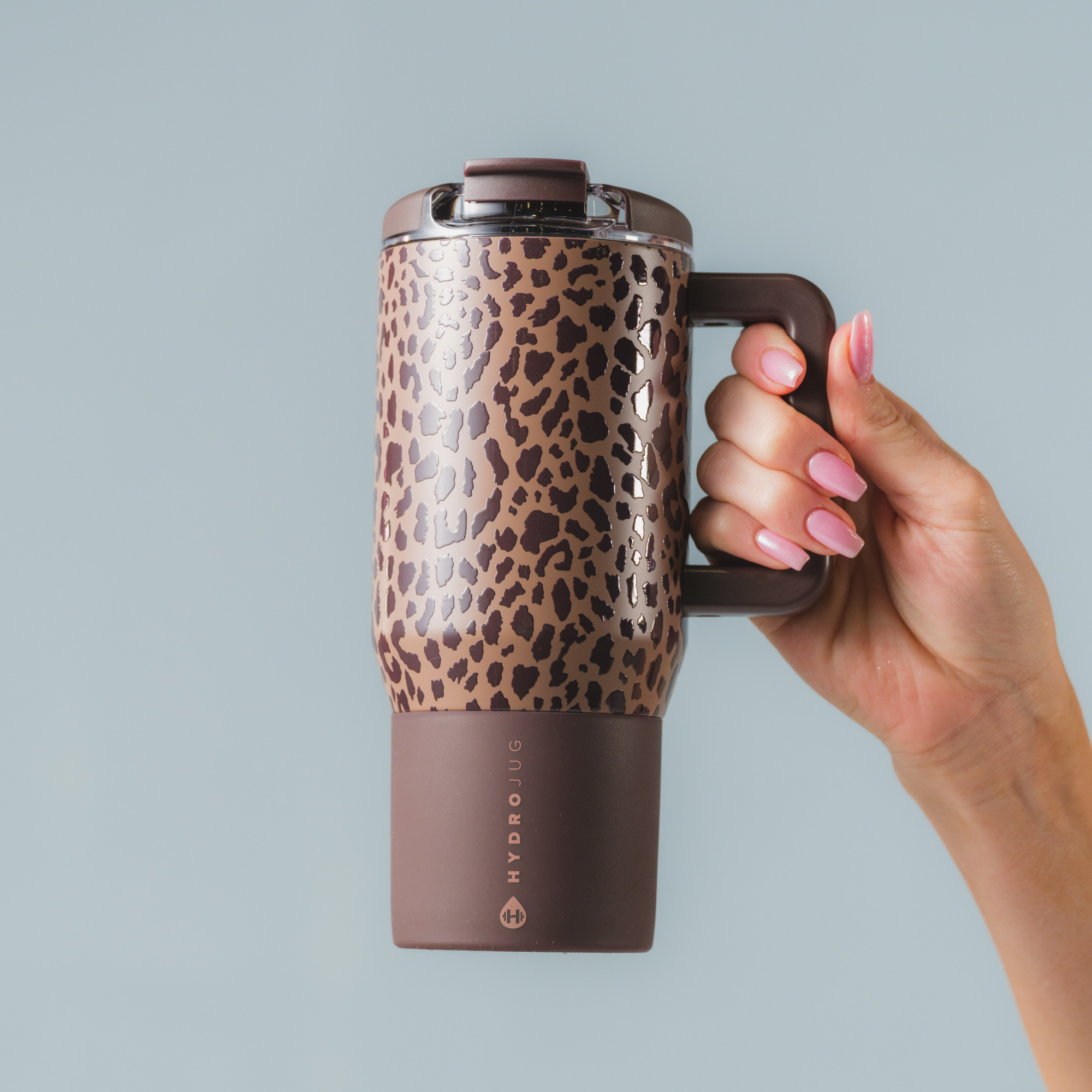 HydroJug Brown Leopard Coffee Traveler 20oz with Handle and Flip-Top Lid