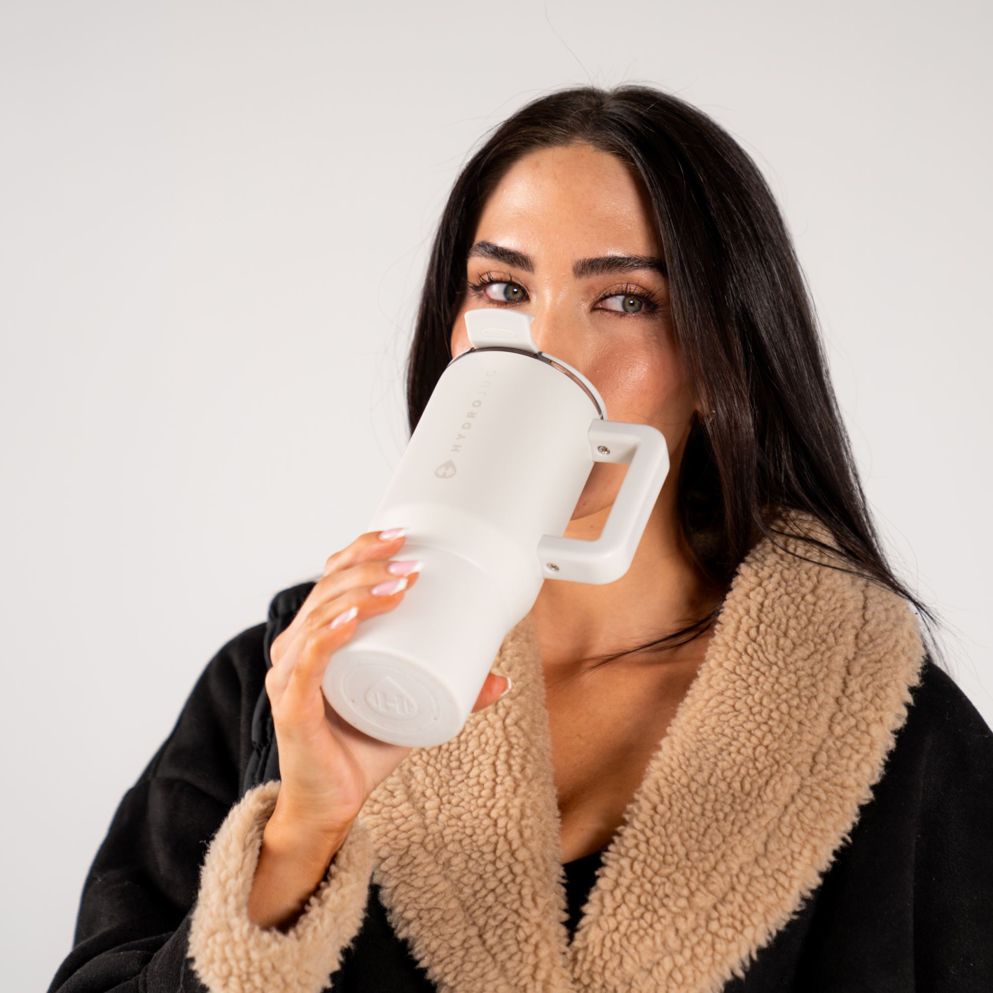 Woman Drinking from Linen Coffee Traveler 20oz