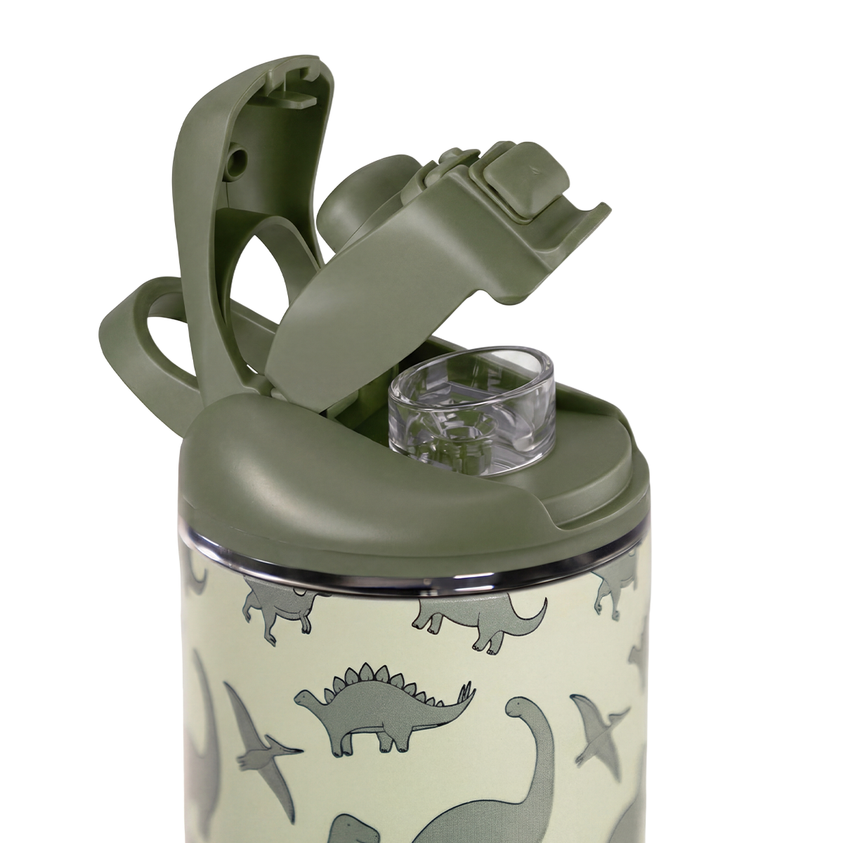 Close-up of HydroJug Ease2o Straw and Chug Lid in Dinosaur 14oz