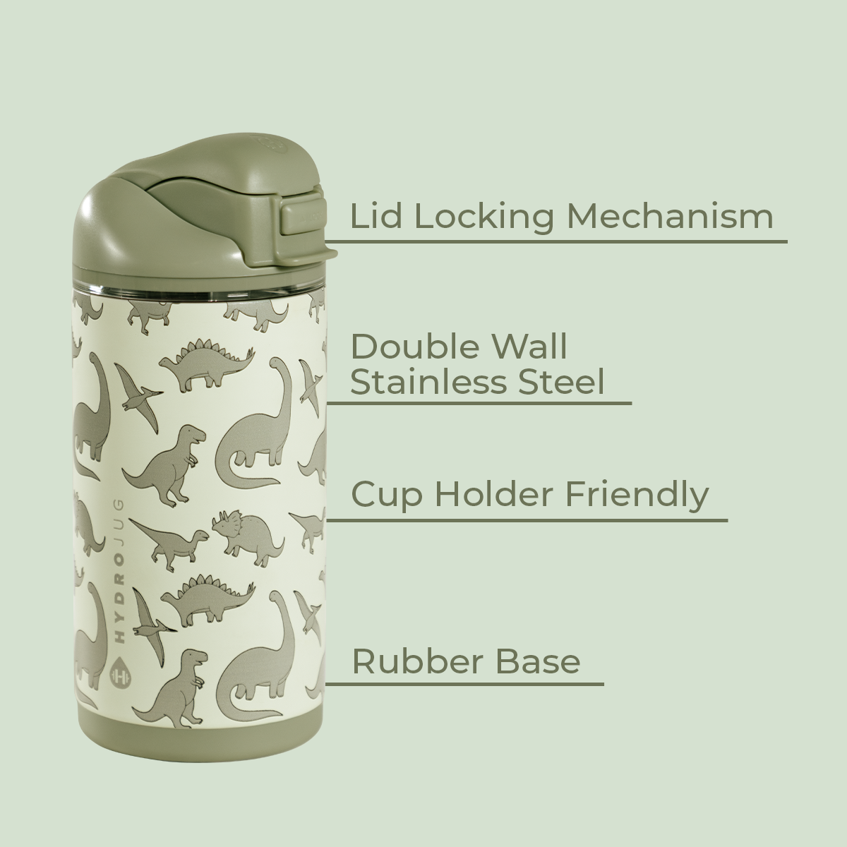 Dinosaur 14oz Ease2o Features: Locking Lid, Stainless Steel, Rubber Base