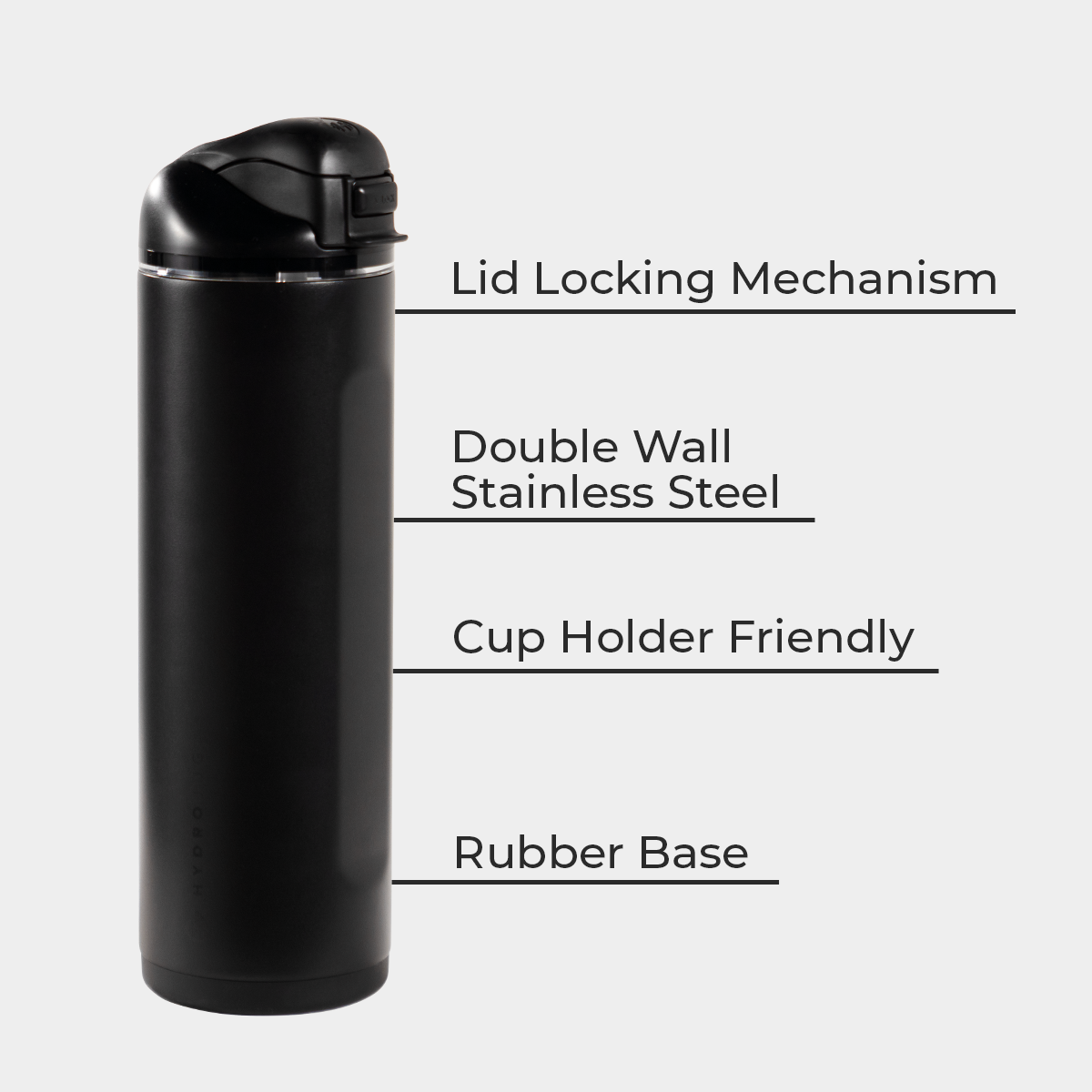 Black 24oz Ease2o Features: Locking Lid, Stainless Steel, Rubber Base