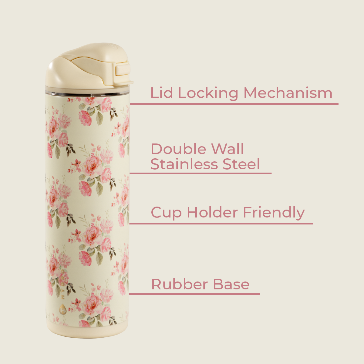 Keepsake 24oz Ease2o Features: Locking Lid, Stainless Steel, Rubber Base