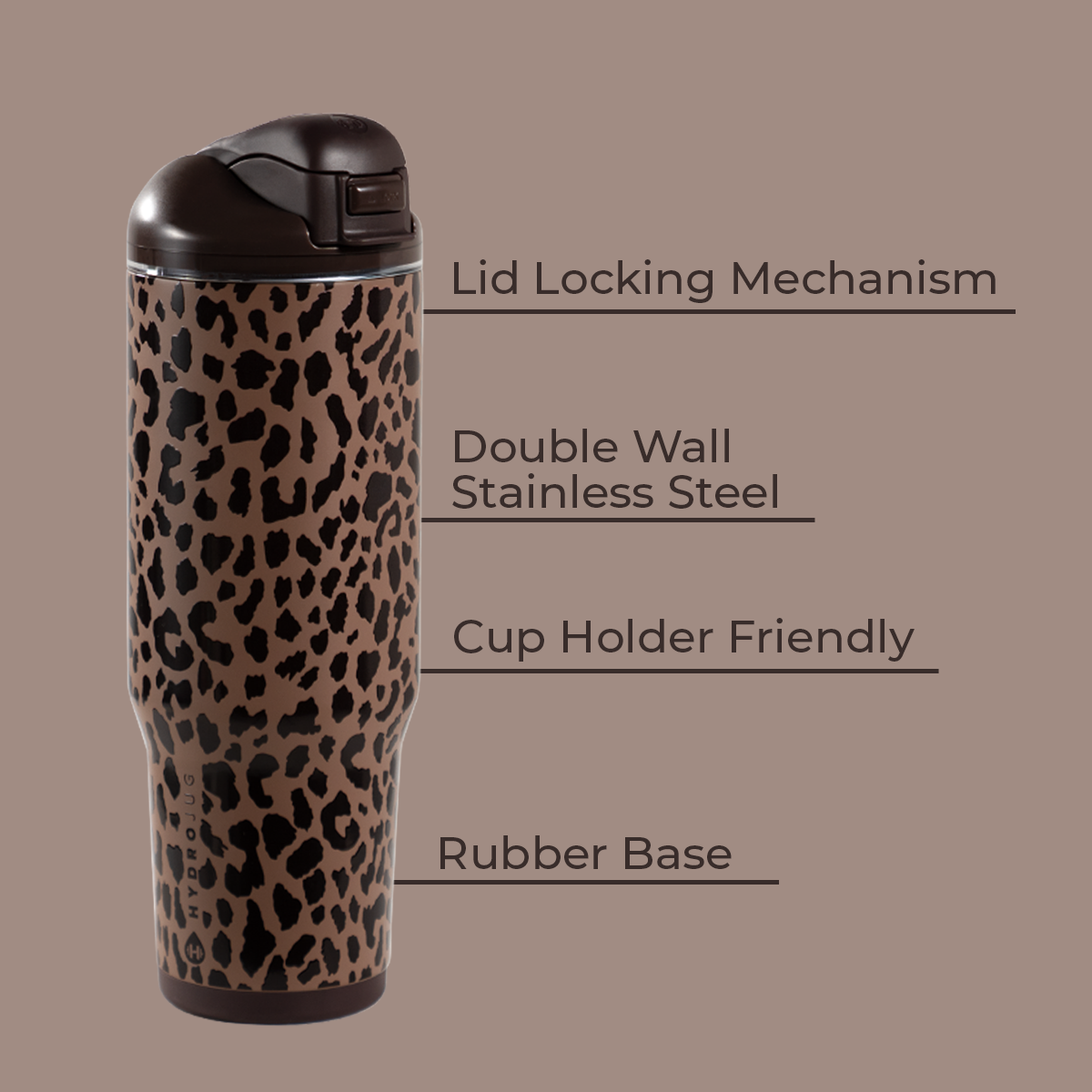 Brown Leopard 40oz Ease2o Features: Locking Lid, Stainless Steel, Rubber Base