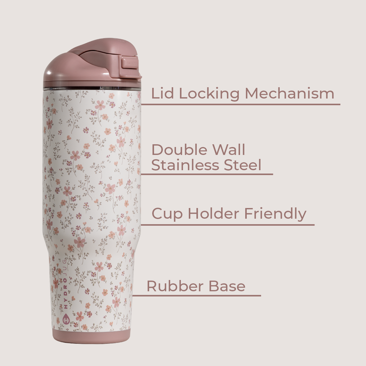 Magnolia 40oz Ease2o Features: Locking Lid, Stainless Steel, Rubber Base