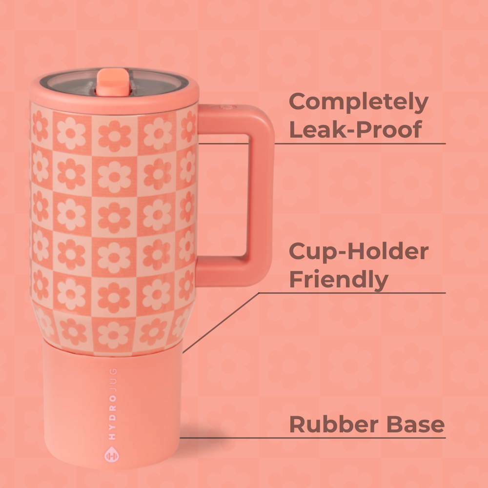 Daisy Checkers Traveler 20oz Features – Leak-Proof, Cup-Holder Fit, Rubber Base