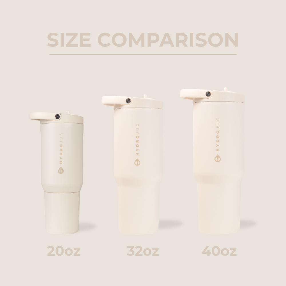 HydroJug Size Comparison β 20oz, 32oz, and 40oz Bottles in Cream