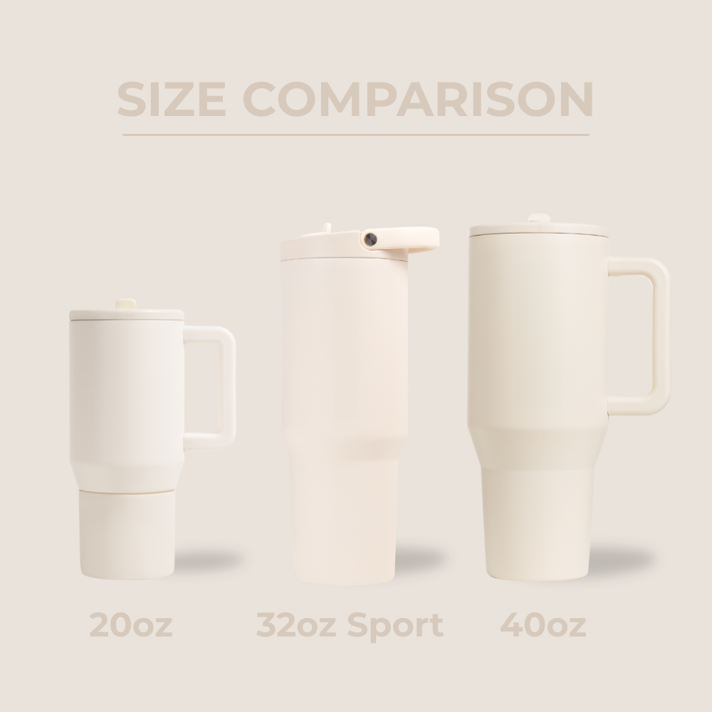 HydroJug Size Comparison – 20oz, 32oz Sport, and 40oz Bottles in Cream