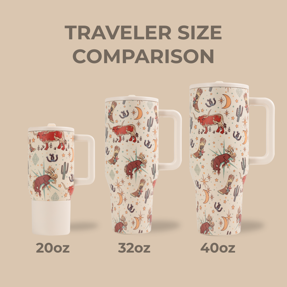 HydroJug Traveler Size Comparison – 20oz, 32oz, 40oz in Rodeo