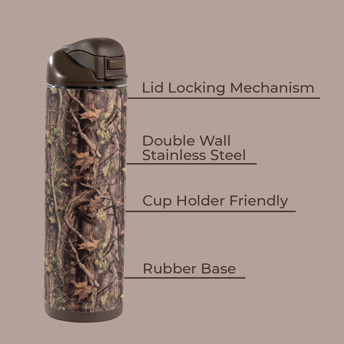 Woodland 24oz Ease2o Features: Locking Lid, Stainless Steel, Rubber Base