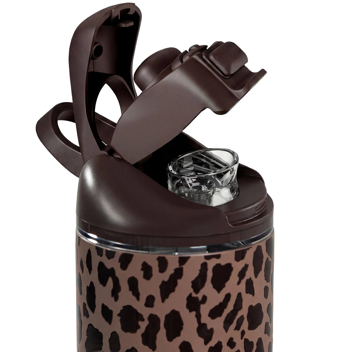Close-up of HydroJug Ease2o Straw and Chug Lid in Brown Leopard 40oz