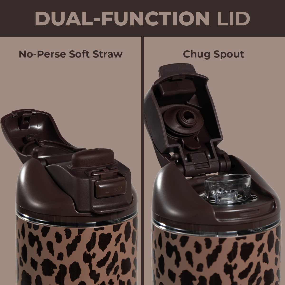 Brown Leopard 40oz Ease2o Lid: Soft Straw and Chug Spout Options