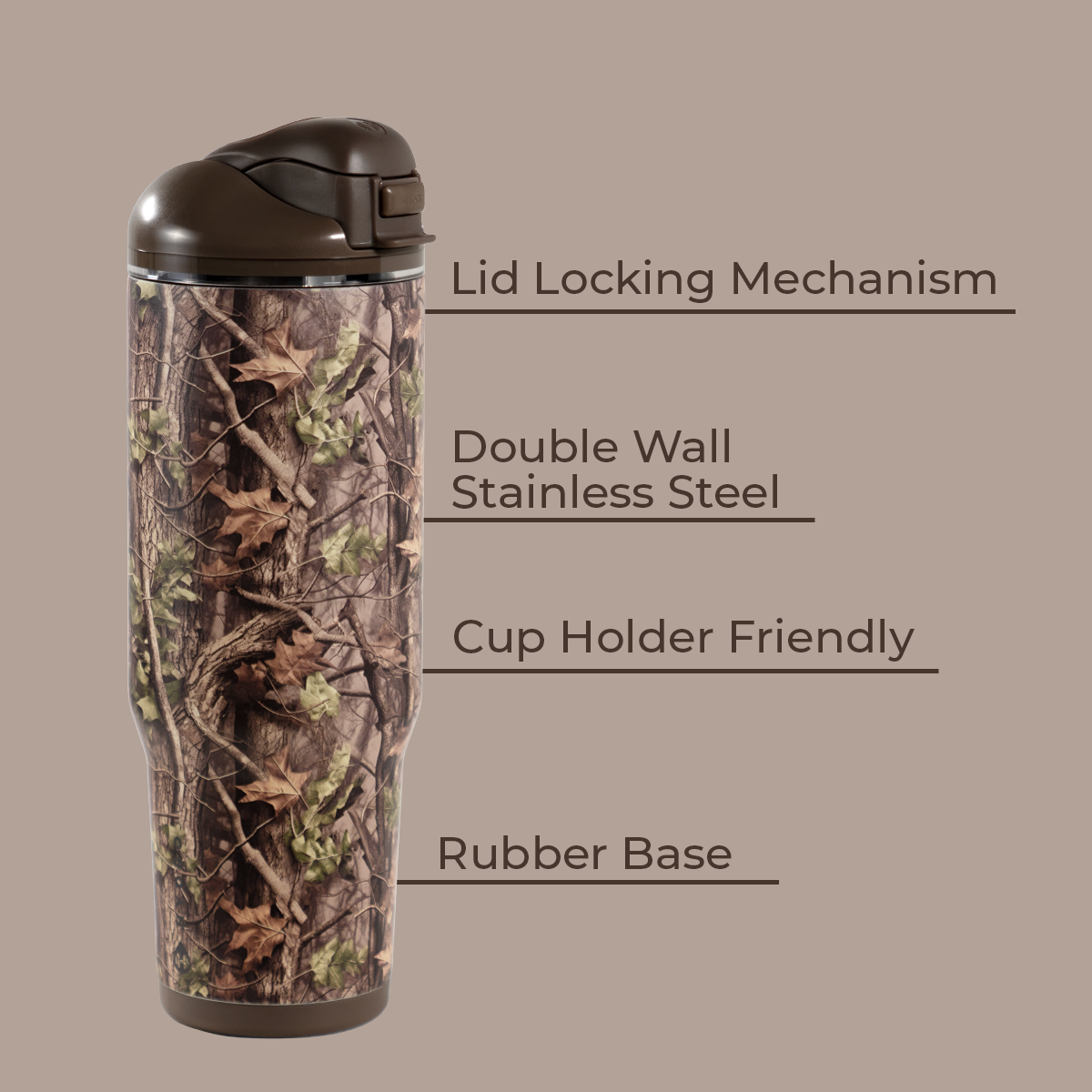 Woodland 40oz Ease2o Features: Locking Lid, Stainless Steel, Rubber Base