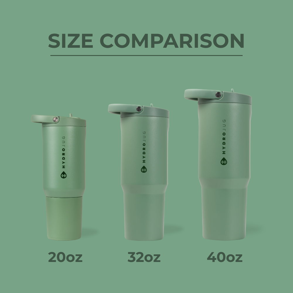 HydroJug Size Comparison – 20oz, 32oz Sport, and 40oz Bottles in Sage